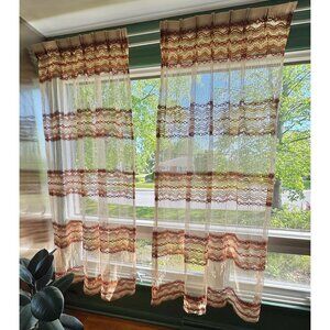 Vintage 70s mesh curtains, tan, brown, orange wavy pattern,  pleated, as a pair